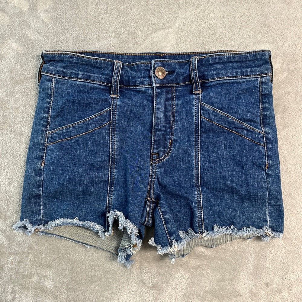 American Eagle Super Stretch Midi Denim Shorts Womens 8 Dark Wash Raw Hem